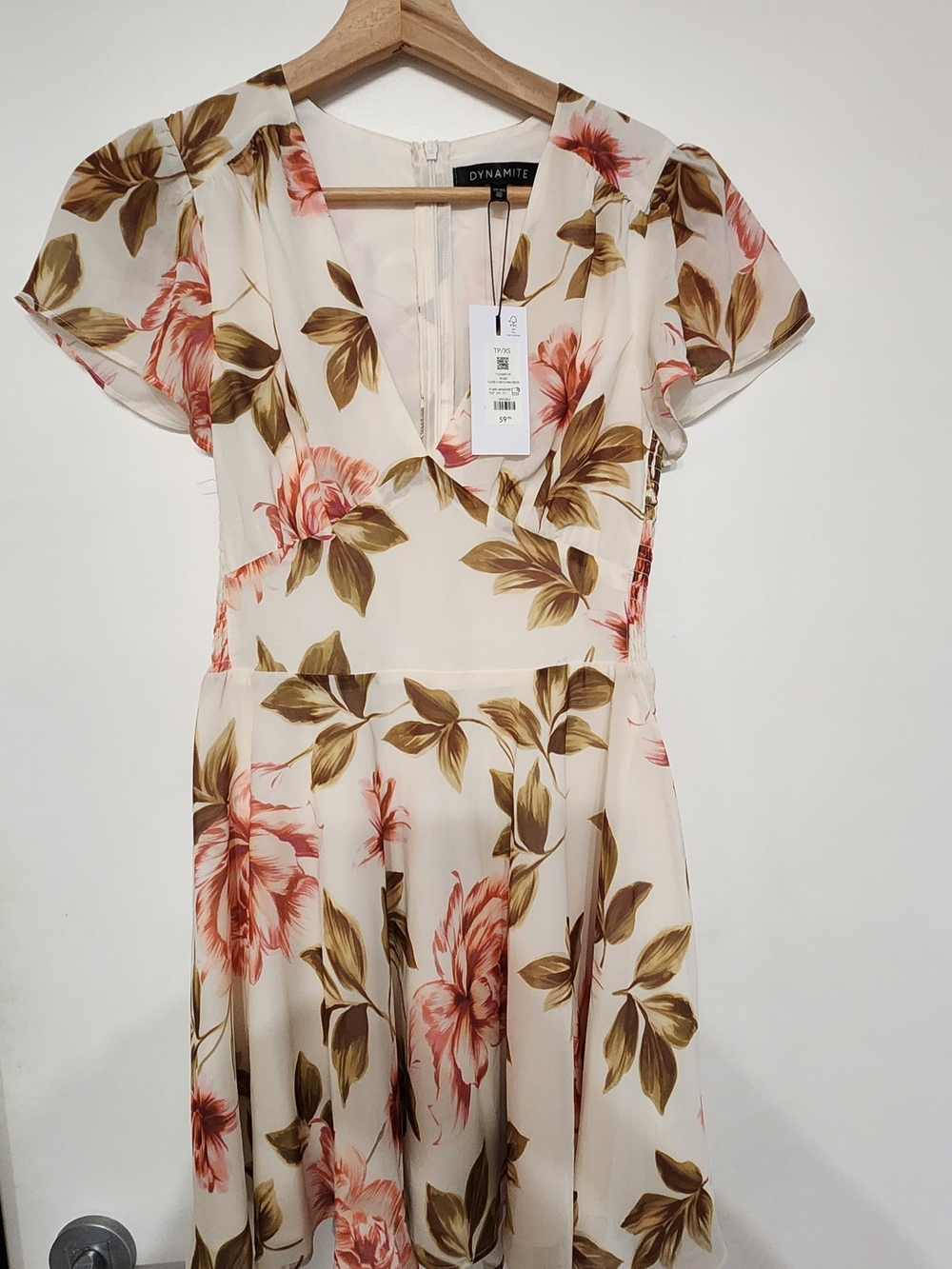 Dynamite Cream Floral V-Neck Fit & Flare Dress with Pink Blooms